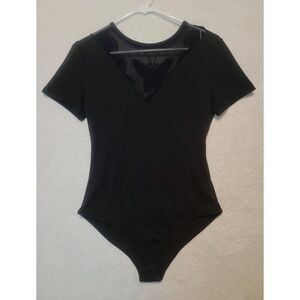 Black Short-Sleeve V-Neck Bodysuit with Sheer Butterfly Design Back